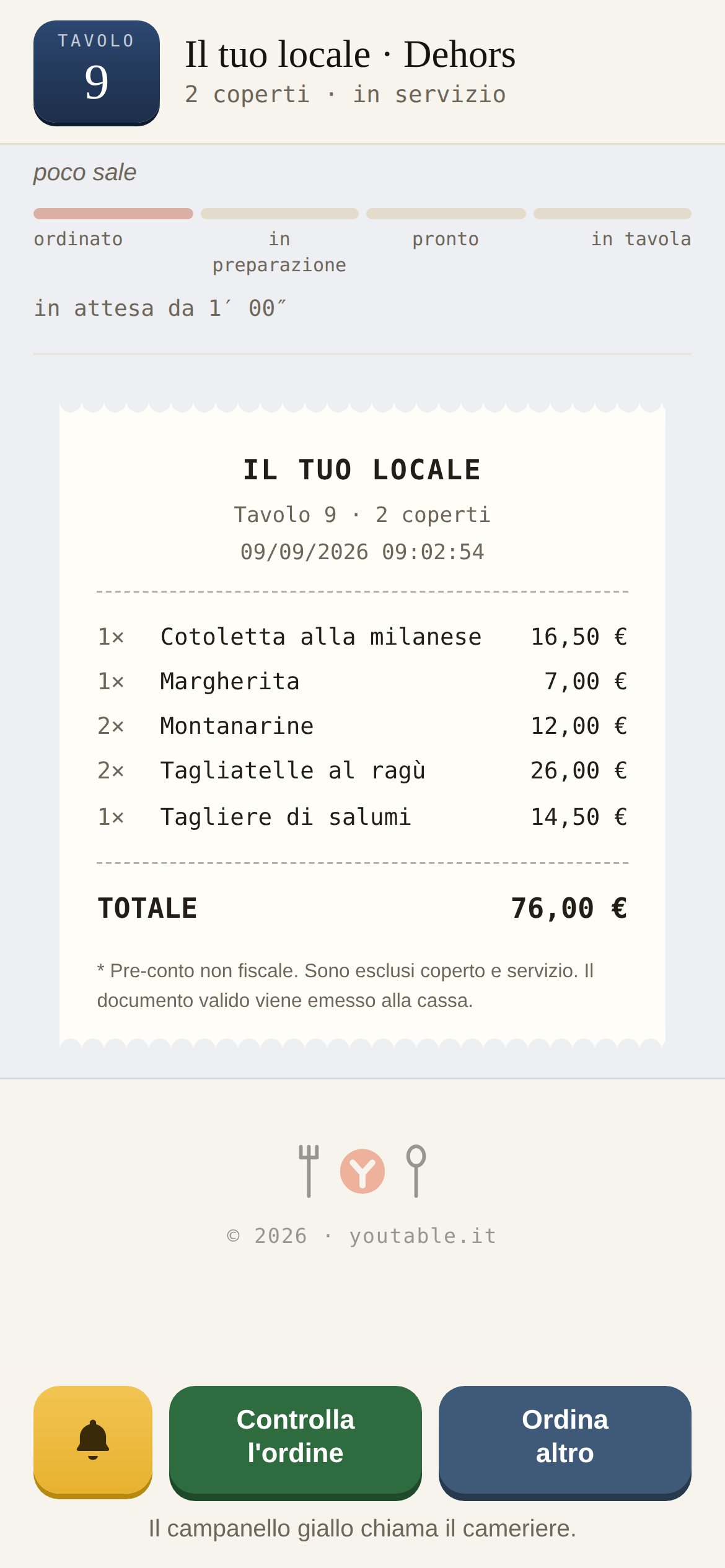 Il pre-conto sul telefono del cliente, disegnato come uno scontrino